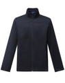 A men's sustainable softshell jacket in navy blue, featuring a zip-up front and a chest pocket. It has a logo.