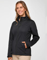 A black ladies' sustainable softshell corporate jacket with a zip front and side pockets, featuring a logo.