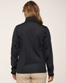 A black ladies' sustainable softshell corporate jacket displayed from the back, featuring a smooth, fitted design.