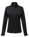 A softshell corporate jacket for ladies in black, featuring a zip front and a collar. It has a logo.