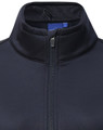 A navy sustainable softshell corporate jacket featuring a zip collar and inner mesh lining, with a brand logo.