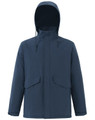 A unisex quilted waterproof jacket in navy blue with a hood and front pockets. Features a logo on the chest.
