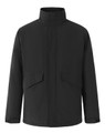 A unisex quilted waterproof jacket in black, featuring a high collar and front pockets. It has a simple logo.