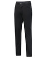 A pair of black ladies' jean style flexi chino pants with a button closure and pockets, featuring a logo.