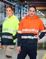 A Hi-Vis two-tone safety hoodie in fluorescent yellow and orange with segmented reflective tape, featuring a logo.