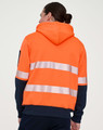 A safety hoodie in hi-vis orange and navy, featuring segmented reflective tapes and a hood.
