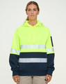 A Hi-Vis two-tone safety hoodie in fluorescent yellow and navy, featuring segmented reflective tapes and a logo.