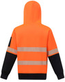 A safety hoodie featuring a hi-vis orange body with black sleeves and segmented reflective tape for visibility.