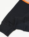 A black safety hoodie featuring segmented reflective tapes on the shoulder, with ribbed cuffs. It has a logo.