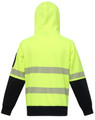 A safety hoodie in high-visibility yellow with black sleeves and segmented reflective tapes. It features a hood.