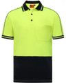 A high-visibility short-sleeved polo in bright yellow with a navy blue bottom and a chest pocket. It features a logo.