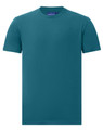 A premium cotton short-sleeve tee shirt in teal, featuring a round neckline and a logo on the label.