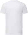 A white short-sleeve tee shirt made of premium cotton, featuring a logo on the back.
