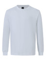 A long-sleeve tee shirt in white, featuring a crew neck and a logo on the tag.