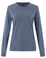 A long-sleeve tee shirt in blue with a fitted design and a logo on the neckline.