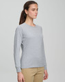A grey long-sleeved tee shirt for women, featuring a fitted design and a logo on the fabric.