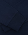 A navy blue long sleeve tee shirt featuring close-up details of the fabric and cuffs, with a logo present.