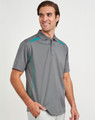 A grey men's polo shirt featuring contrast turquoise detailing and a logo. Short sleeves and a classic collar design.