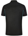 A black men's polo shirt featuring contrast turquoise trim and a logo on the back.