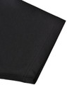A close-up of the sleeve of a black sustainable poly/cotton polo shirt featuring a logo.
