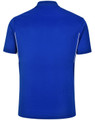 A blue men's sustainable poly/cotton short sleeve polo shirt with contrasting details and a logo.