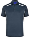 Men's sustainable poly/cotton polo shirt in navy with contrasting white panels. Features a collar and three-button placket.