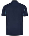 A navy blue men's polo shirt with short sleeves and contrasting light blue side accents. Features a logo.