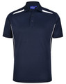 A navy blue sustainable poly/cotton polo shirt with white contrast stripes and a collar. It features a logo.