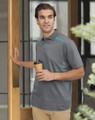 Men's short-sleeve polo in grey with teal contrast detailing, featuring a logo. Styled for a casual look.