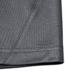 A close-up of the hem and stitching of a grey polo shirt made from sustainable poly/cotton fabric.