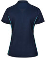 A navy blue women's polo shirt featuring contrasting turquoise side panels and a collar, with a logo on the chest.