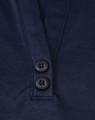 A navy blue polo shirt featuring a two-button placket and a logo. The material is a sustainable poly/cotton blend.