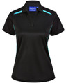 A black women's polo shirt featuring teal contrast accents and a logo on the collar.