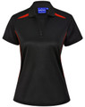 A black polo shirt with contrasting red accents, featuring a collar and button placket. Includes a logo.