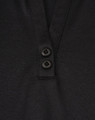 A black polo shirt featuring a V-neck and two buttons, made from sustainable poly/cotton material.