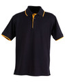 A black polo shirt with orange collar and sleeve accents. It features a branded logo.