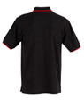 A black polo shirt with red detailing, featuring a collar and short sleeves. It has a branding logo.