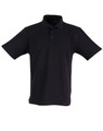 A black unisex traditional polo shirt with short sleeves and a collar, featuring a logo on the front.