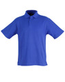 A unisex traditional polo shirt in vibrant blue with a collar and short sleeves, featuring a logo.
