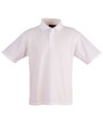 A white children's traditional polo shirt with a collared neckline and short sleeves, featuring a logo.