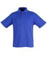 A blue children's polo shirt featuring short sleeves and a classic collar, with a button placket and branding.