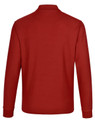 A red unisex long sleeve polo shirt made from poly/cotton pique fabric, featuring a collar and a logo.