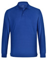 A blue unisex long sleeve polo shirt made from poly/cotton, featuring a collar and a logo.