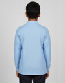 A back view of a light blue long-sleeved polo shirt with a collar, featuring a logo.