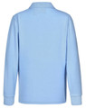 A light blue long sleeve polo shirt made from traditional poly/cotton pique knit, featuring a collar and logo.