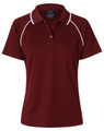 A maroon ladies polo shirt featuring a white trim and a small logo on the chest. Short sleeves and a classic collar.