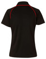 A black ladies polo shirt featuring short sleeves and red accents, with a logo on the back.