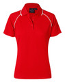 A red ladies polo shirt with short sleeves and a white trim, featuring a collar and a button placket.