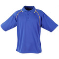 A blue men's polo shirt with short sleeves and yellow piping, featuring a collar and three buttons.