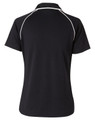 A black short-sleeve polo shirt with a raglan design and contrasting white piping, featuring a logo on the back.